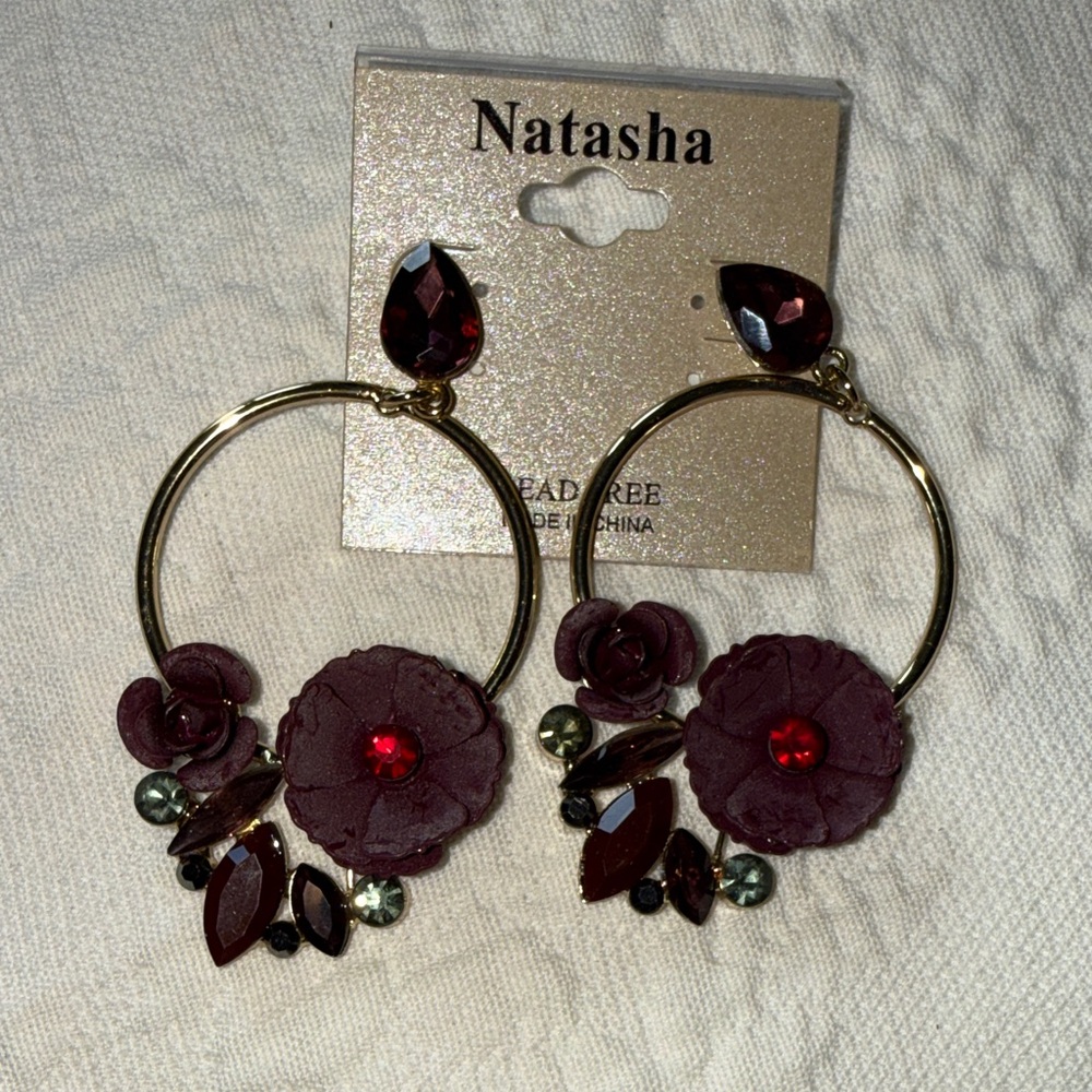 Natasha Couture Gold Hoop Earrings with Burgundy Flowers and Red Accents